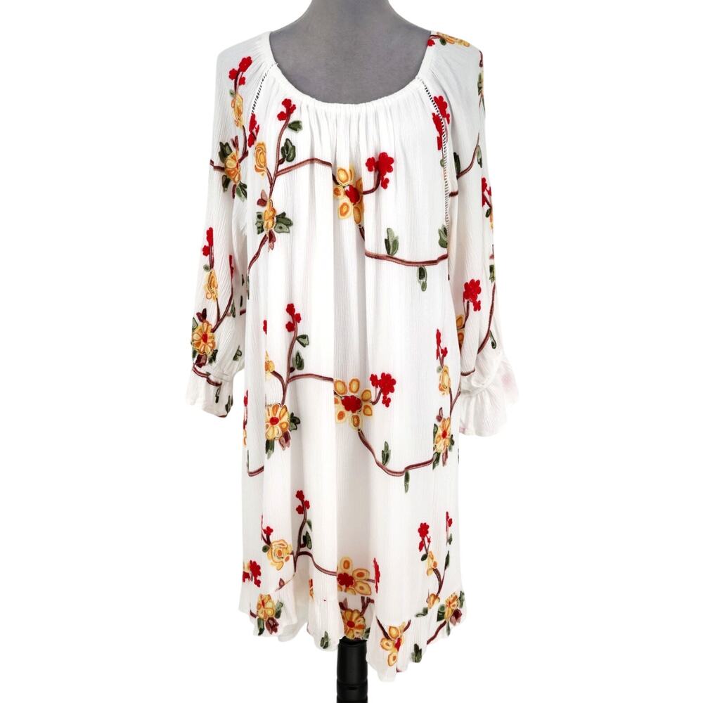 LIV Los Angeles Dress Plus Size 2X White Embroidered Floral Gauze Beach Resort